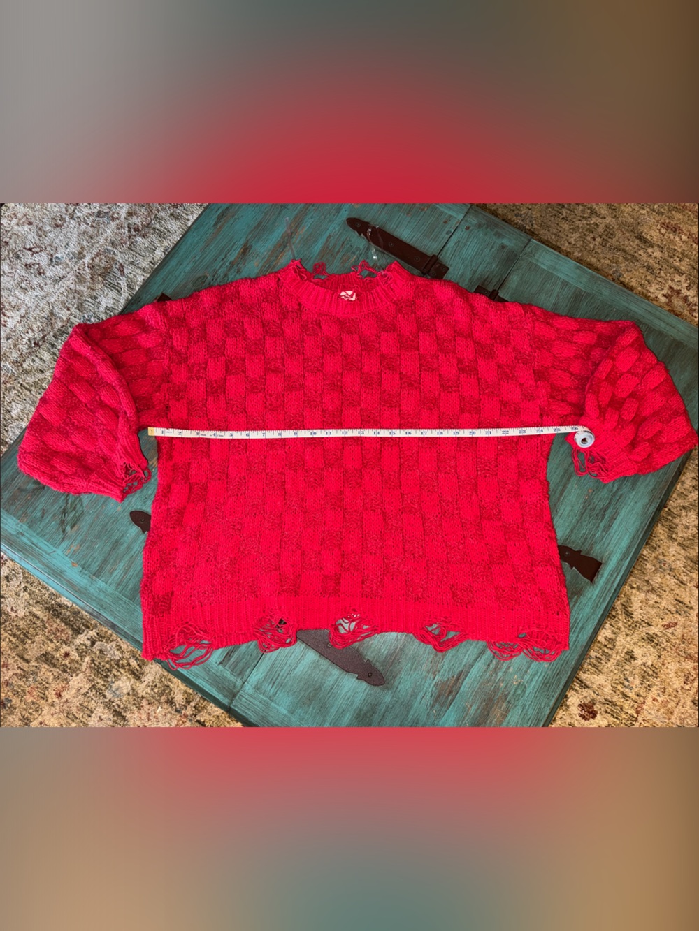 POL Checkered Distressed Edge Sweater - Size Medium Candy Apple